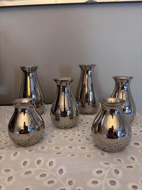 Set of 6 Pewter Tone metal bud vases